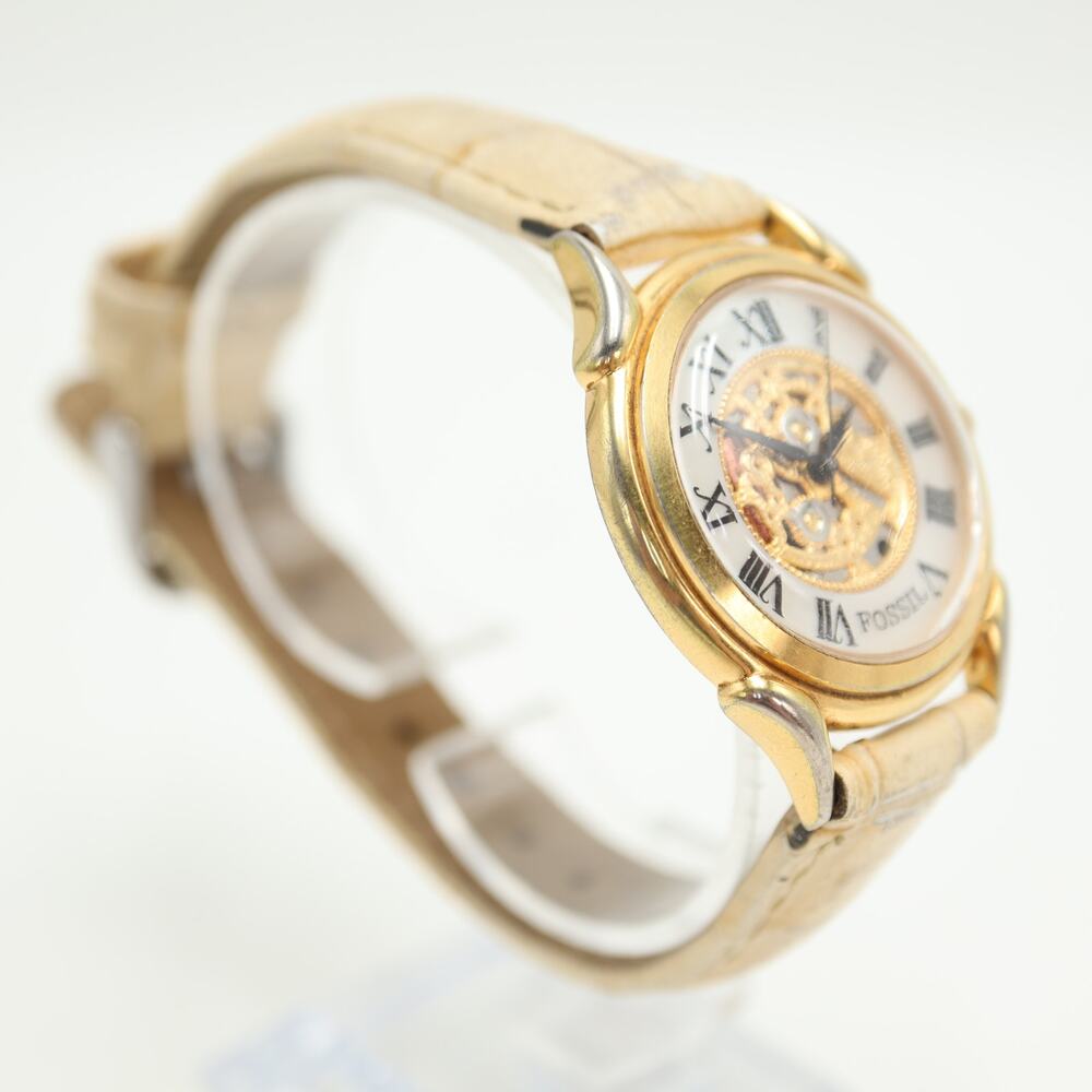 Vintage Fossil Faux Skeleton MOP 34mm Unisex Watch Beige Leather w New Battery - Picture 9 of 15